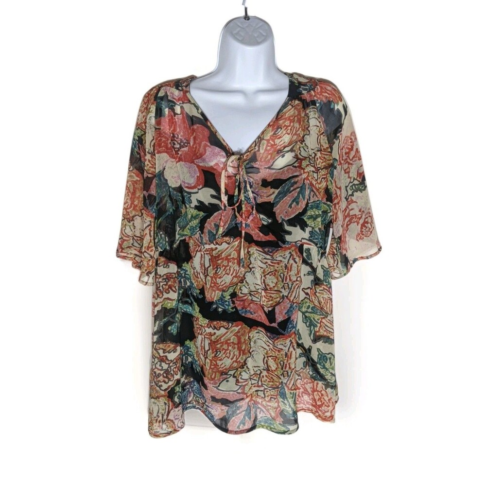 Daniel Rainn Floral Cover Up Sheer Blouse Women's Sz M Colorful Beach Resort